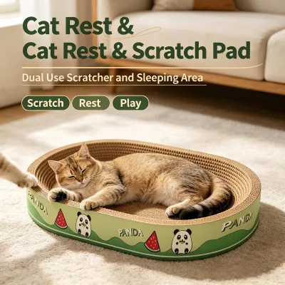 Multi-Function Modern Eco-Friendly Cat Scratcher Bowl Oval Wave Corrugated Paper Scratching Bed Cartoon Pattern Wear-Resistant