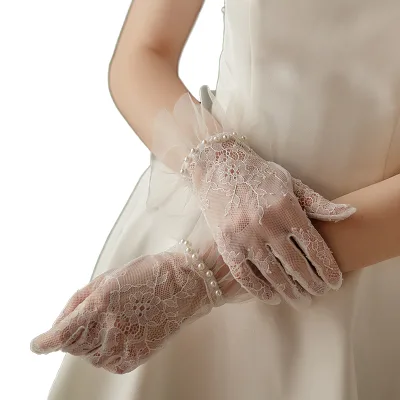 New Wedding Bridal Gloves Wrist Length White Pearl Nylon Lace Finger Accessory Elastic Breathable Wholesale Shounuo WG048 2025