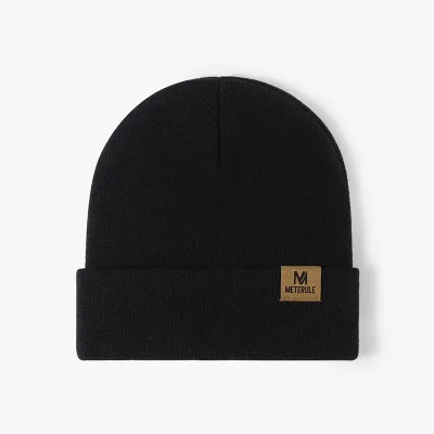 New Style Solid Color Style Winter Fashion Label Knitted Beanie Hat Winter Warm Adjustable Unisex Cold Hat