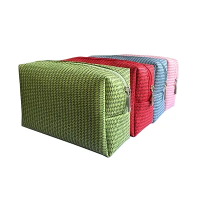 Custom New Design Makeup Storage Handbag Gift Advertising Woven Pattern Pu Leather Toiletries Cosmetic Pouch Bag for Promotion