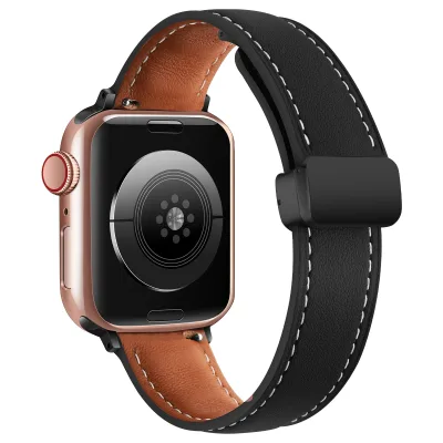 Magnetic Magnet Folding Buckle Clasp Quick Release Strap Genuine Leather Smart Watch Band for Apple Watch 49mm 45mm