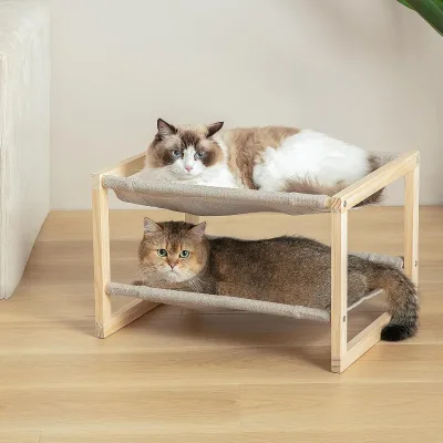 Cat Hammock Suitable for Indoor Cats, Double Wooden Cat Bed Elevatedcat Bedwith Twobreathable Washablecoverscat Bedandfurniture