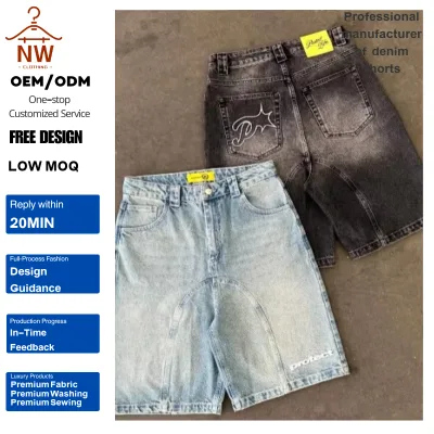 Custom European American Retro Casual Summer Men Denim Shorts Loose Harajuku Baggy Washed Breathable Jorts Street Straight