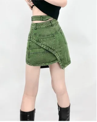 Asymmetrical Mini Ladies Jupe Sexy Short Vintage Washed Color Denim Skirt for Women