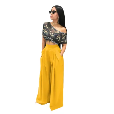 Fashion Casual Ladies Trousers Loose Wide Leg Plain Color Plus Size Office Summer Women Long Pants