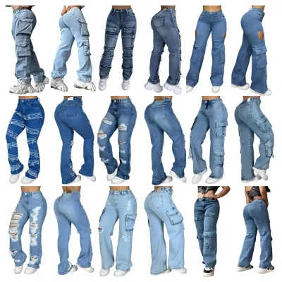 2026 Women's High Waist Wide Leg Cowboy Work Pants Loose Street Style Blue Pants Multi Pocket Casual Loose Pants Retro