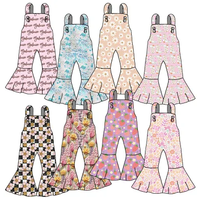 Wholesale Children Latest Clothes Custom Design Tie up One Piece Flare Pants Soft Fabric Stylish Girls Long Overall