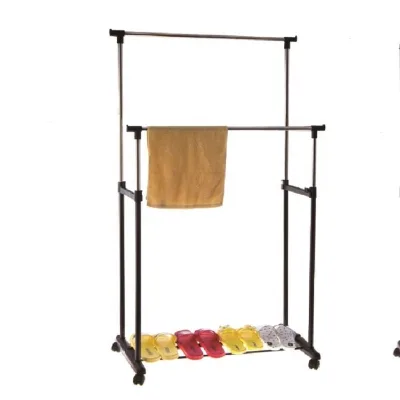 FIRST HORSE Multi-purpose Double Rods Garment Stand Household Stainless Steel Cloth Hanger with Movable Wheels