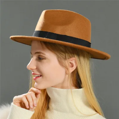 2022 Wholesale Vendors Adults Women Plain Polyester Ribbon Wool Wide Brim Luxury Fedora Hats