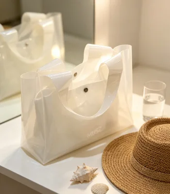 White Bag White logo Custom Fashion Small Mini Cream PVC Waterproof Shoulder Shopping Tote Bag with Button for Gift