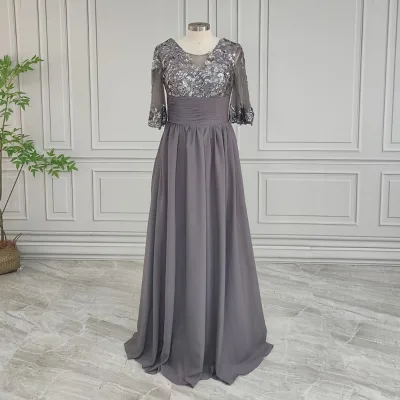 100% Real Photos High Quality Chiffon Maxi Mother of Bride Dress for Wedding Elegant Women Sequined Half Sleeves Evening Gown