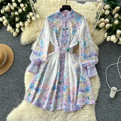 Women'S Mini Dress Retro Stand Collar Single Breasted Printed Belted Long Sleeve A-Line Ladies Evening Dresses