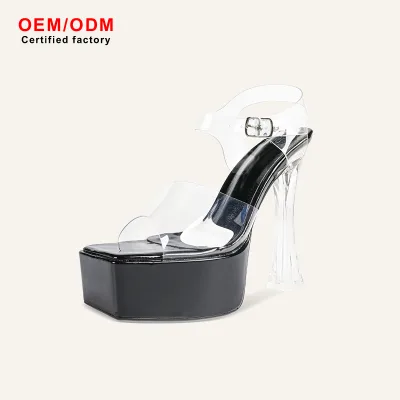 Women's PVC Square Toe Platform Wedge Heels 15CM Thick Block Heel Buckle Closure Waterproof Breathable High Top Chunky Sandals