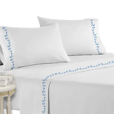 Home Luxury Embroidery Blue Flower Solid Cooling Wrinkle Free Bed Sheets 4 PCS