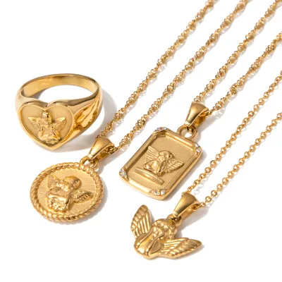 Custom Gold Plated Stainless Steel Vintage Chain Necklace Angel Pendant Necklace and Ring Sets