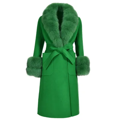 2022 Fashion Street-Style Apparel Fur Trim Trench Coat Double Side Woolen Jackets Hand-Stitched Navy Korean Ladies Wool Coat