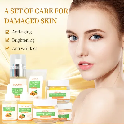 7 Pcs/Set MOOYAM Turmeric Skin Care Set Including Face Wash Gel Cleanser Toner Facia Serum Oil Cream Clay Mask Cleansing Balm