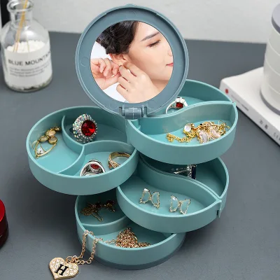 Multifunction 360 Degree Rotating Portable Jewelry Box Organizer 4 Layers Storage Case with Mirror Made of Durable Plastic