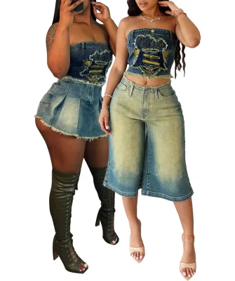 ZHEZHE Patch Embroidery Denim Tube Tops Quality Stretchy Denim Retro 90s Summer 2024 Wild Y2K Crop Tops