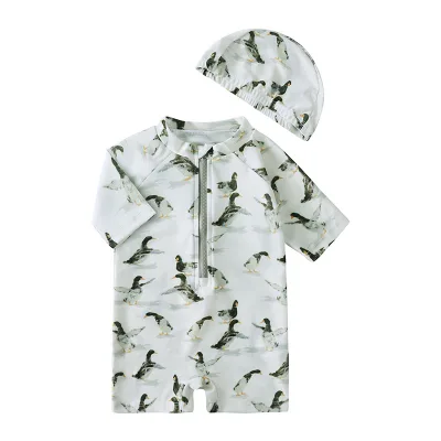 Quick-Drying One-Piece Swimsuit for Boys and Girls Sun Protection Print Design Cute Baby Seaside Vacation Look for Summer