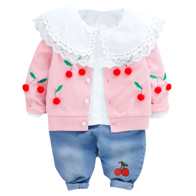 3pcs Clothes Set Baby Kids Children Spring Autumn Long Sleeve Blouse Shirt+Cherry Cardigan Coat+Jeans Pant Outfits