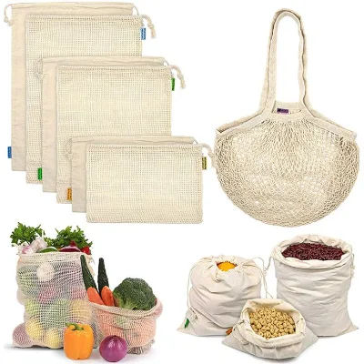 Recycled Eco Friendly Organic Hemp Cotton Net Mesh Reusable Produce Bags for Fruit Vegetable