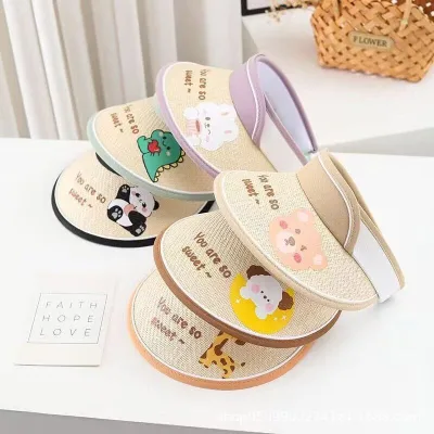 Children's Cute Foldable Summer Sun Hat New Straw Woven Empty Top Bucket Hat with Sun Protection Cartoon Design Hat