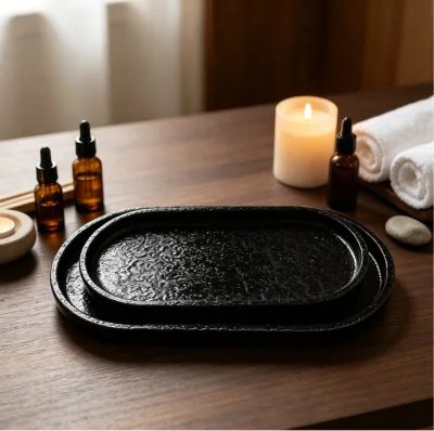 Black Retro Dull Polish Vintage Ceramic Storage Tray Handmade Decorative Home Art Massage Accessories Ins Style Tray