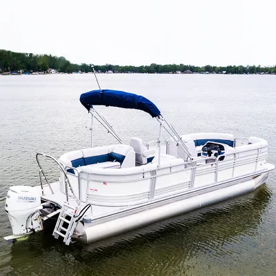 High End Recreational Craft With Spacious Lounge Area Fishing Setup Storage Compartments Swim Access and Canopy Pontoon Boat