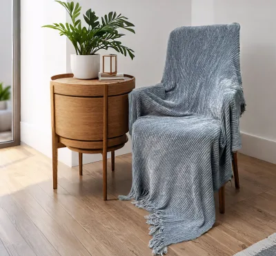 Navy Blue Chenille Knitted Blanket 100% Polyester Soft Cozy Throw Blanket Tassel Fringe Bedding Decorative Purpose Plain Style