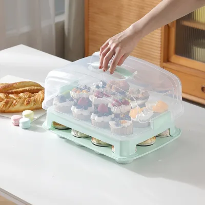 Whosale Portable Plastic Cupcake Holder 2 Tier Stand Cake Keeper Holds 24 Cupcakes with Handle Lid Plastic Cupcake Carrier