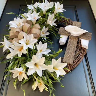 Factory 50cm Easter Cross Wreath Artificial Flower Independent Stand Decoration Door Hanging Natural Vine Ring Wreath Garland