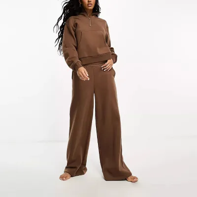 2024 Custom logo Streetwear Blank Drop Shoulder Half Zip Sweatshirt and Wide Leg Sweatpants Loungewear Women Sets