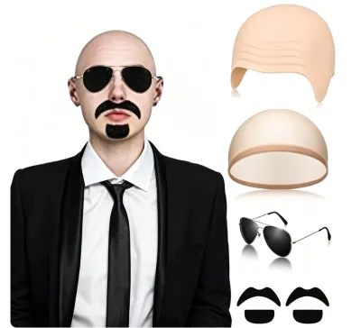 Realistic Bald Head Cap Wig Pitbull Cosplay Costume for Men Hip Hop Singer Role Play Halloween Party Fancy Dress Accessory
