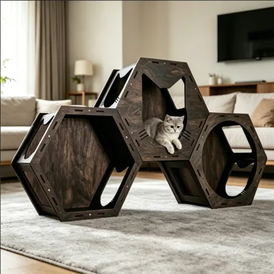Space Saving Vertical Cat Playground Modular Wooden Hexagonal Wall Unit for Small Apartments and Multi Cat Households