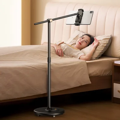 1 Sample OK L68 Aluminum Alloy Tablet Floor Stand TPR Pulleys Heavy Duty 4.16kg Base Adjustable Long Arm Rolling Stand Mount