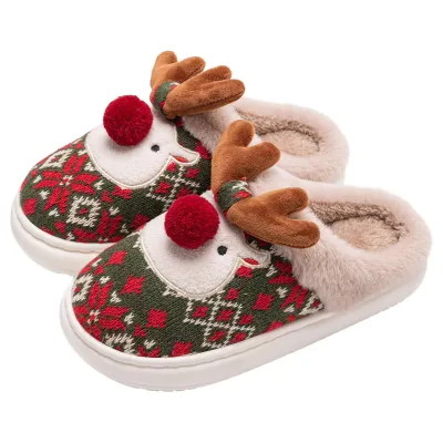 Elk Cotton Winter Warm Slippers with Plush Insole Anti-Slip Home Decor and Gift Weaved Christmas Upper Decorations