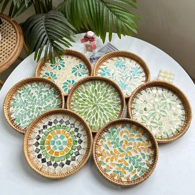 Luxury Handmade Eco-friendly Rattan Food Storage Tray Living Room Serving Tray Breakfast Coffee Tray Home Kitchen Decoration