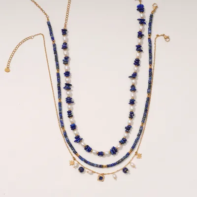 Natural Stone Lapis Lazuli Freshwater Pearl Multi-Layer Beaded Necklace with Geometric Stainless Steel Pendant Gold Chain