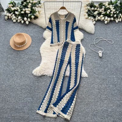 Women'S Two-Piece Suit Relaxed Fit Knit Set Cutout Color Block Polo Collar Short Sleeve Top and High Waist Slim Pants