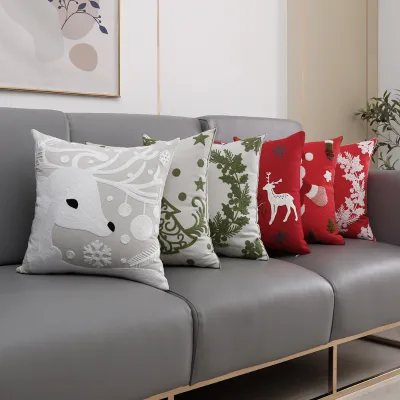 Factory Direct Christmas Reindeer Embroidery Cushion Cover Holiday Red Soft Plush Decorative Throw Pillow Case for Home Decor