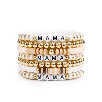 Mother's Day Gift Bohemian Style MAMA Pendant Polymer Clay Folded Bracelet Set Mom Jewelry for Women Hainon 1383