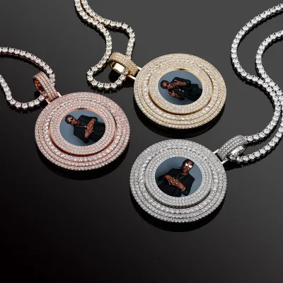 Customized Personalized Hiphop CZ Iced Diamonds Big Circle Plate Rotatable Memory Picture Necklace