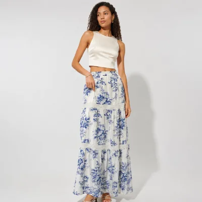 2026 Summer New French Vintage Small Floral Layer Cake Maxi Skirt Slim A-line Flared Vacation Half Skirt