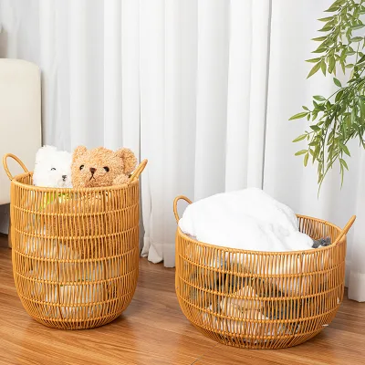 Plastic Woven Laundry Basket Hand Woven Storage Basket With Handle