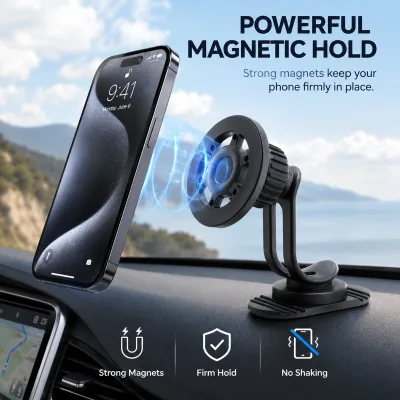 Lightweight Streamlined Magnetic Car Phone Holder, Adhesive Dash Mount with Dual Arm for MagSafe Daily City Commute