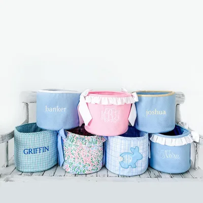 Print Canvas Easter Basket Ruffle Bow Waffle Easter Basket Personalized Blue Floral Bow Easter Basket