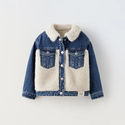 OEM Custom Shirt Collar Faux Shearling Denim Jacket for Kids