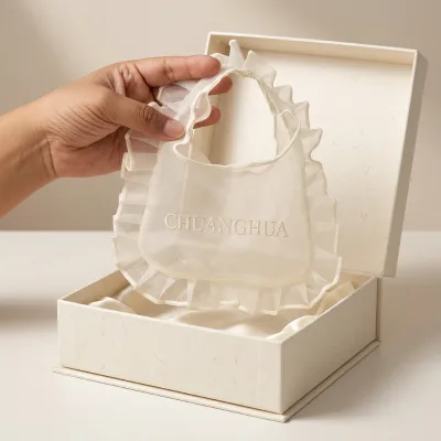 Wholesale Ruffle Trim Mesh Bag Organza See Through Transparent Cream Sheer Tote Custom Logo Embroidered Women Gift Favor Party