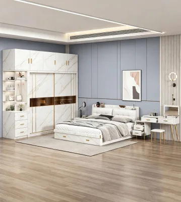 Premium Gloss Marble Pattern Melamine Bedroom Furniture Set Storage Bed Vanity Desk for Villa Decoration